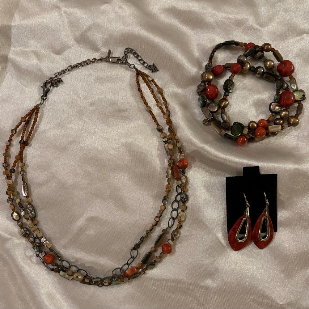 Silpada Designs Coral, Sterling Silver, & Pearl Necklace, Bracelet, Earring Set